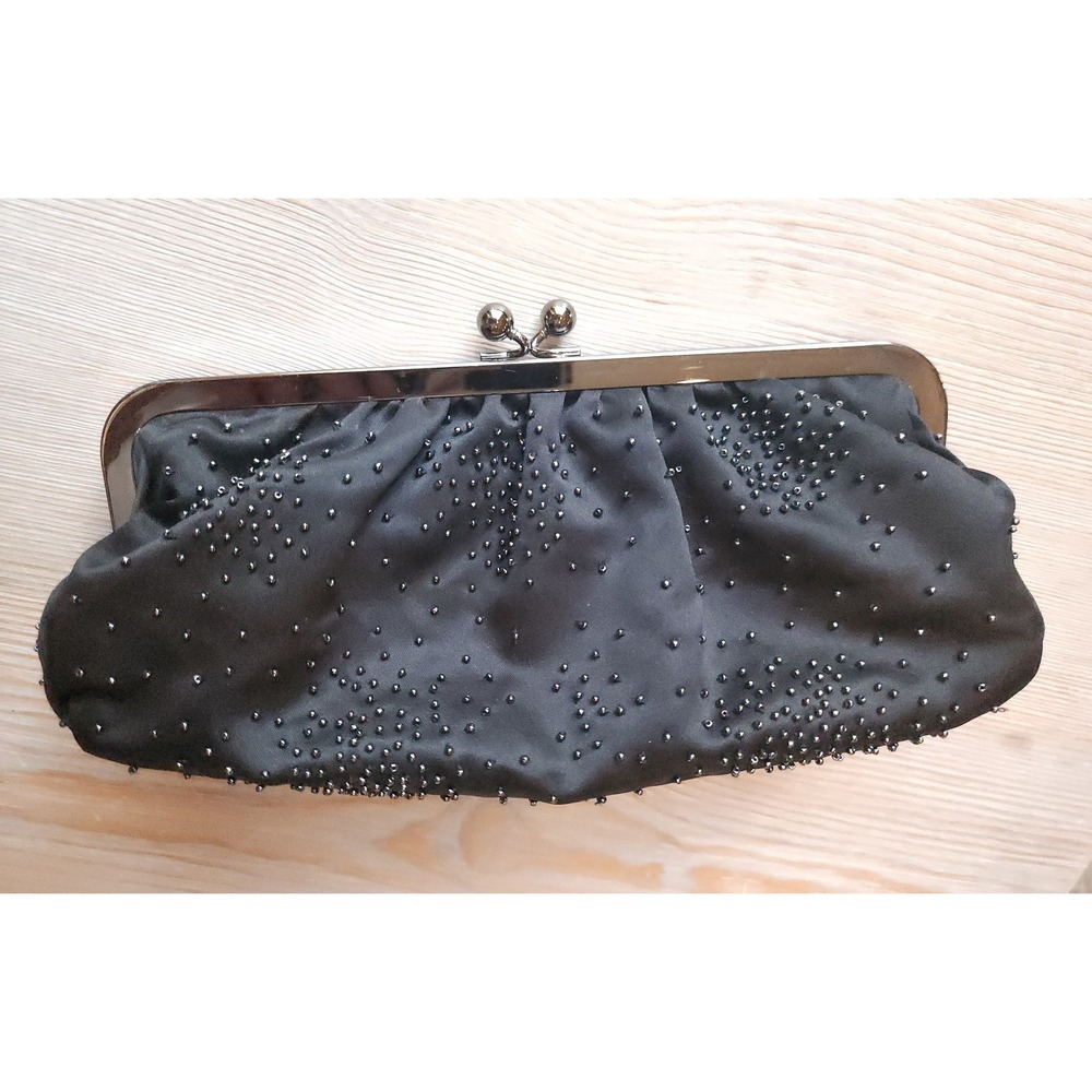 VTG Express Clutch Handbag Women Black Beaded Satin Mob Glam Luxe Formal Evening